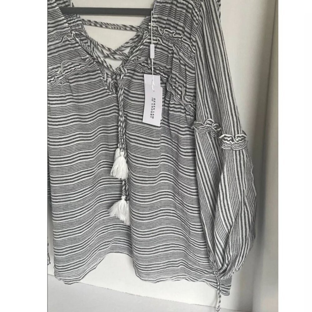 Derek Lam Gray Stripe Cotton Tunic Shirt V-Neck Tassel Tie Womens 10 - Picture 4 of 10
